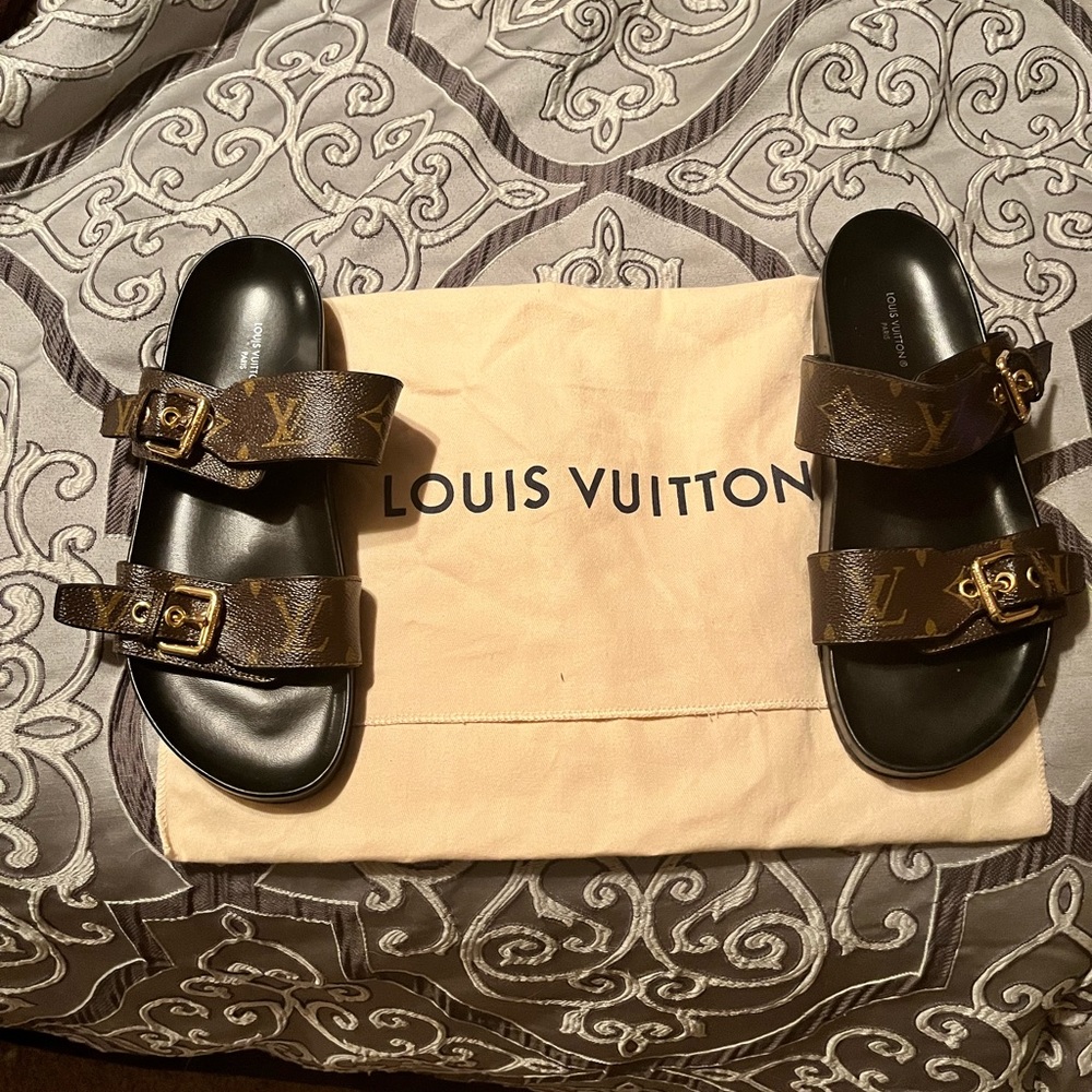 Louis Vuitton Brown Monogram Bom Dia Flat Mule Sandals with Gold Buckles - Picture 4 of 5